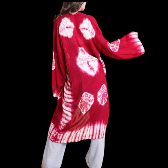 Berry Tie Dye Kimono Long Length Sleeve One Size Boho Duster Cardigan Hand Dyed - Picture 2 of 2